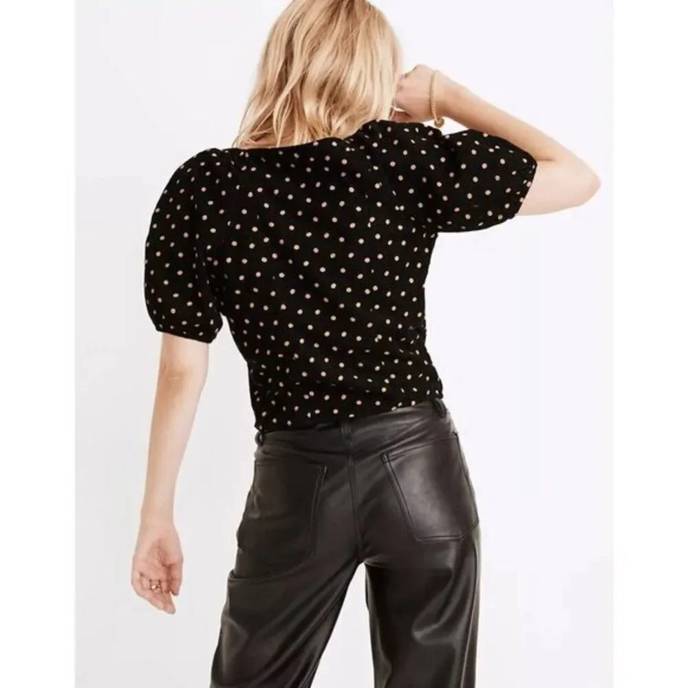 NWOT Madewell Corduroy Puff-Sleeve‎ Wrap Top in Oval Dot, 100% cotton, Black, M